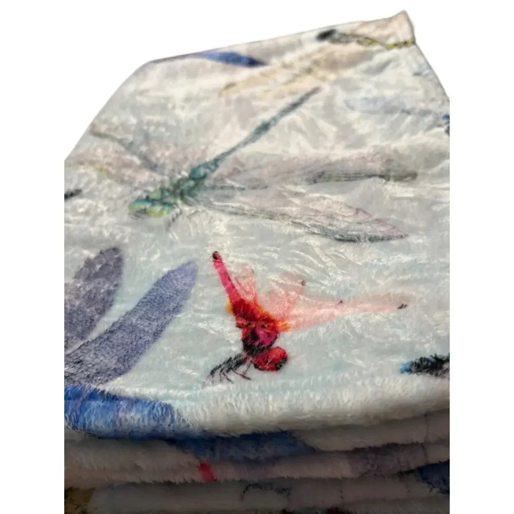 Dragonfly Print Fleece Blanket Throw Accent Quilt Cover Colorful Soft Cozy